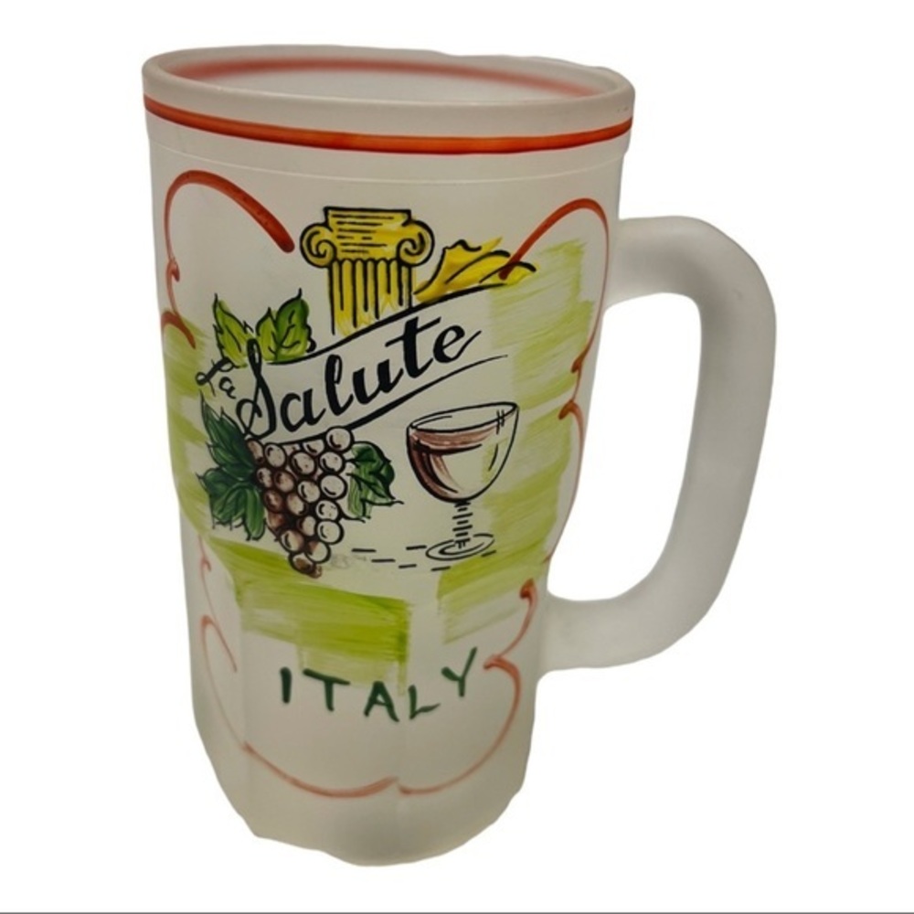HAZEL ATLAS Vintage Gay Fad Frosted Glass Beer Mug Hand Painted Salute Italy